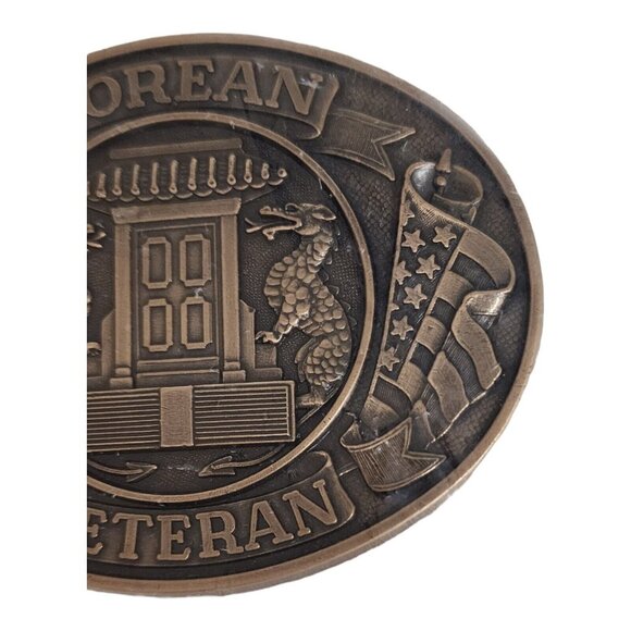 Korean War Veteran Brass Belt Buckle Military Collectible Dragon & Flags - Picture 4 of 7